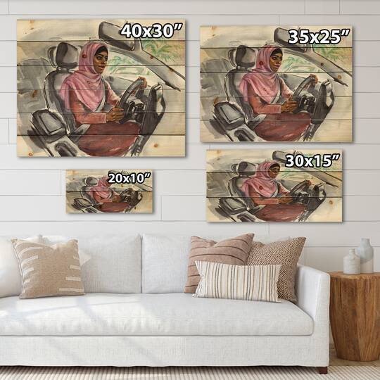 Designart - Arabian Woman Driving A Car III - Modern Print on Natural Pine Wood
